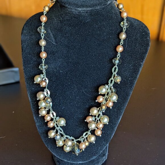 Carolee Vintage Beaded Cluster Necklace – Champagne, Bronze & Crystal - Picture 1 of 4